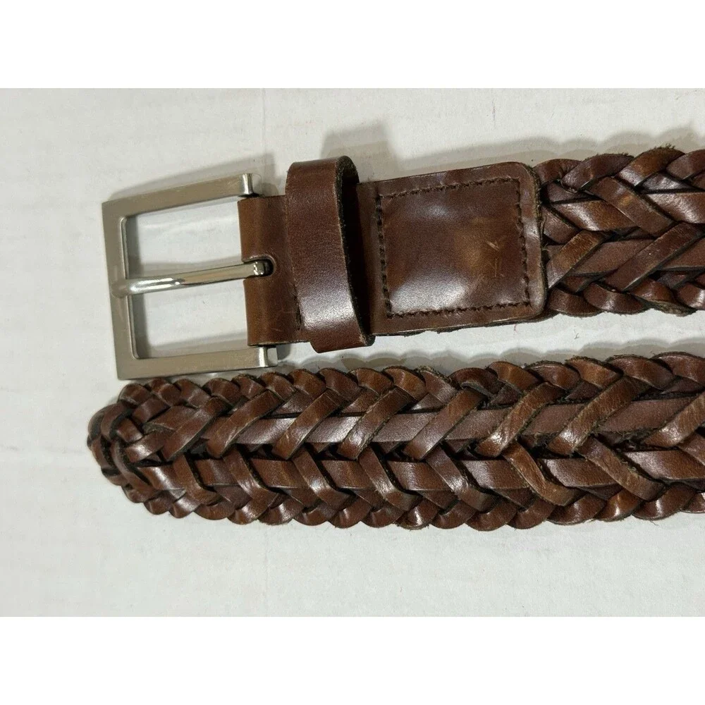 Braided Woven Leather Belt Nickel Tone‎ Brown Buckle Size L